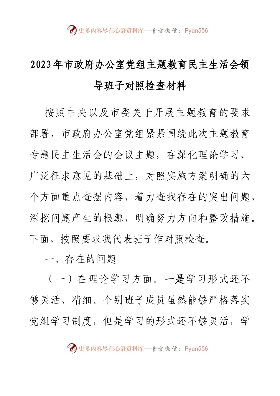 2023年市政府办公室党组主题教育民主生活会领导班子对照检查材料.docx_第1页