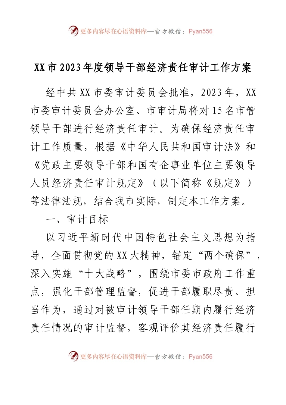 XX市2023年度领导干部经济责任审计工作方案.docx_第1页