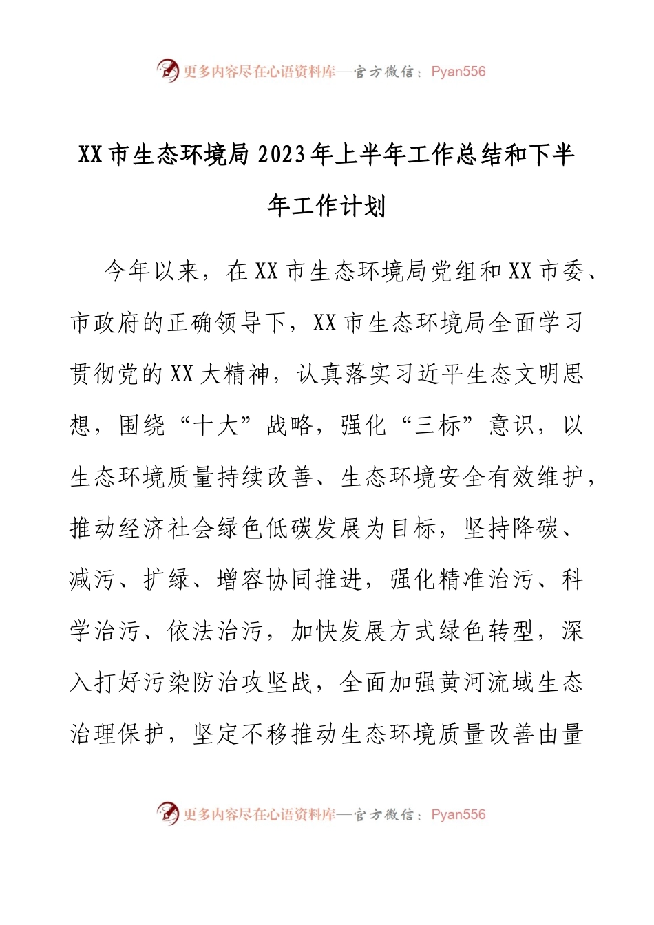 XX市生态环境局2023年上半年工作总结和下半年工作计划.docx_第1页