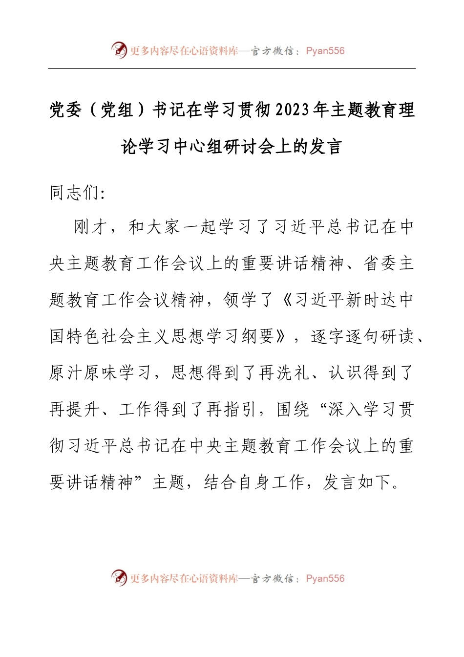 党委（党组）书记在学习贯彻2023年主题教育理论学习中心组研讨会上的发言.docx_第1页