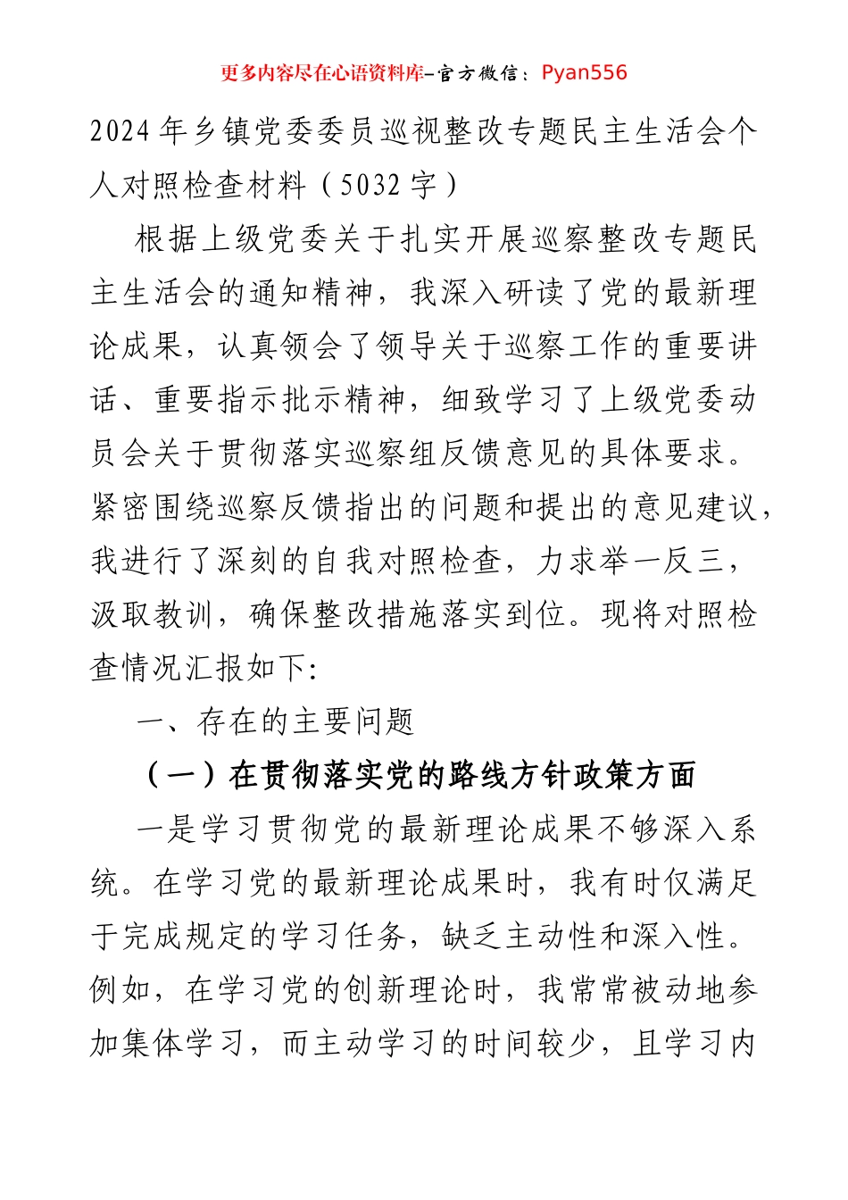 2024年乡镇党委委员巡视整改专题民主生活会个人对照检查材料（5032字）.docx_第1页