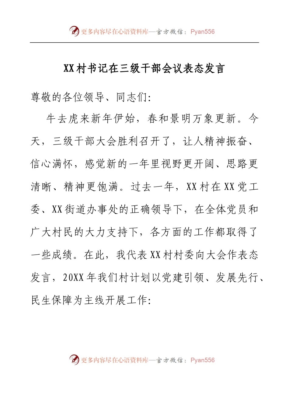 XX村书记在三级干部会议表态发言.docx_第1页