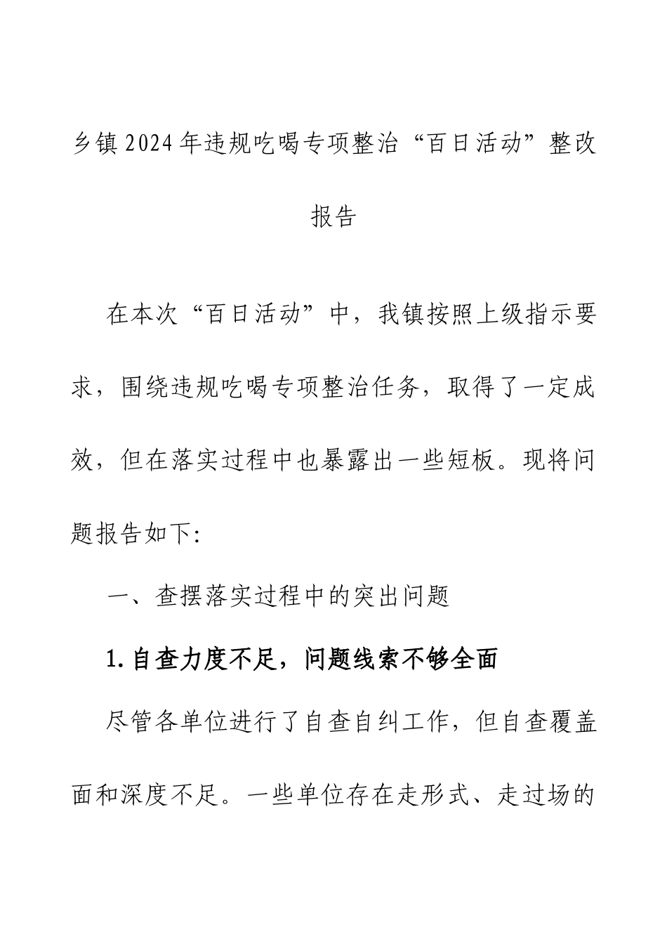 乡镇2024年违规吃喝专项整治“百日活动”整改报告.docx_第1页