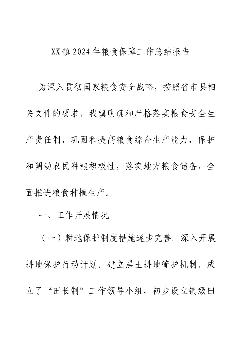 XX镇2024年粮食保障工作总结报告.docx_第1页