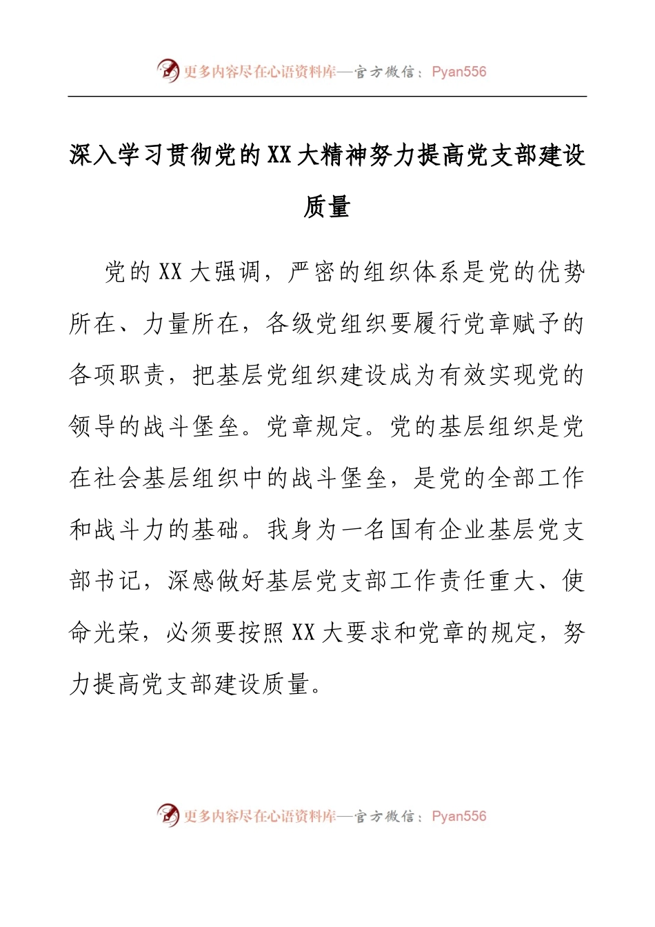党支部党课讲稿：深入学习贯彻党的二十大精神 努力提高党支部建设质量.docx_第1页