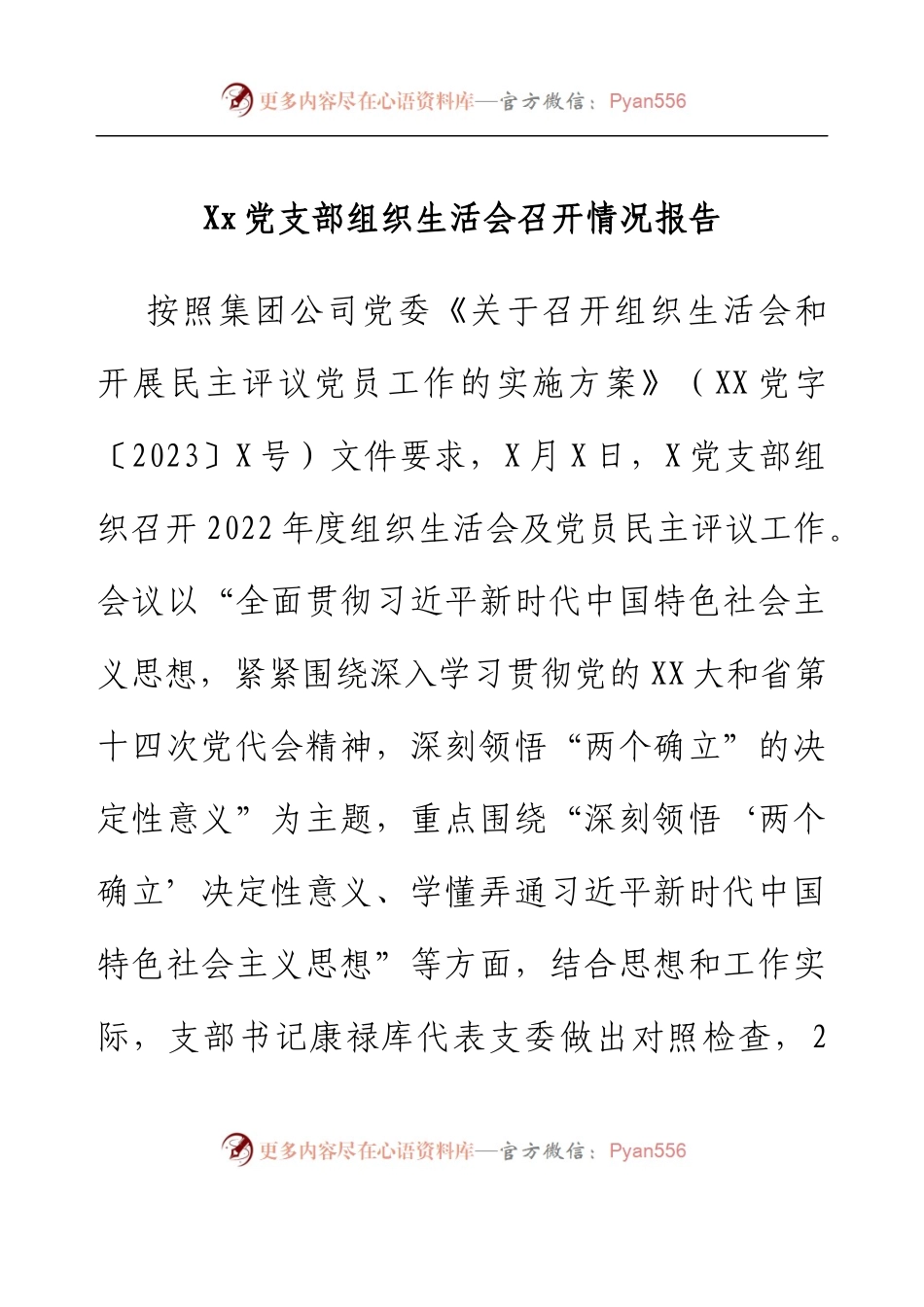 Xx党支部组织生活会召开情况报告.docx_第1页