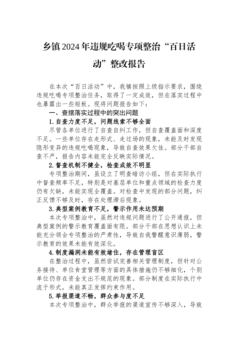 乡镇2024年违规吃喝专项整治“百日活动”整改报告.docx_第1页