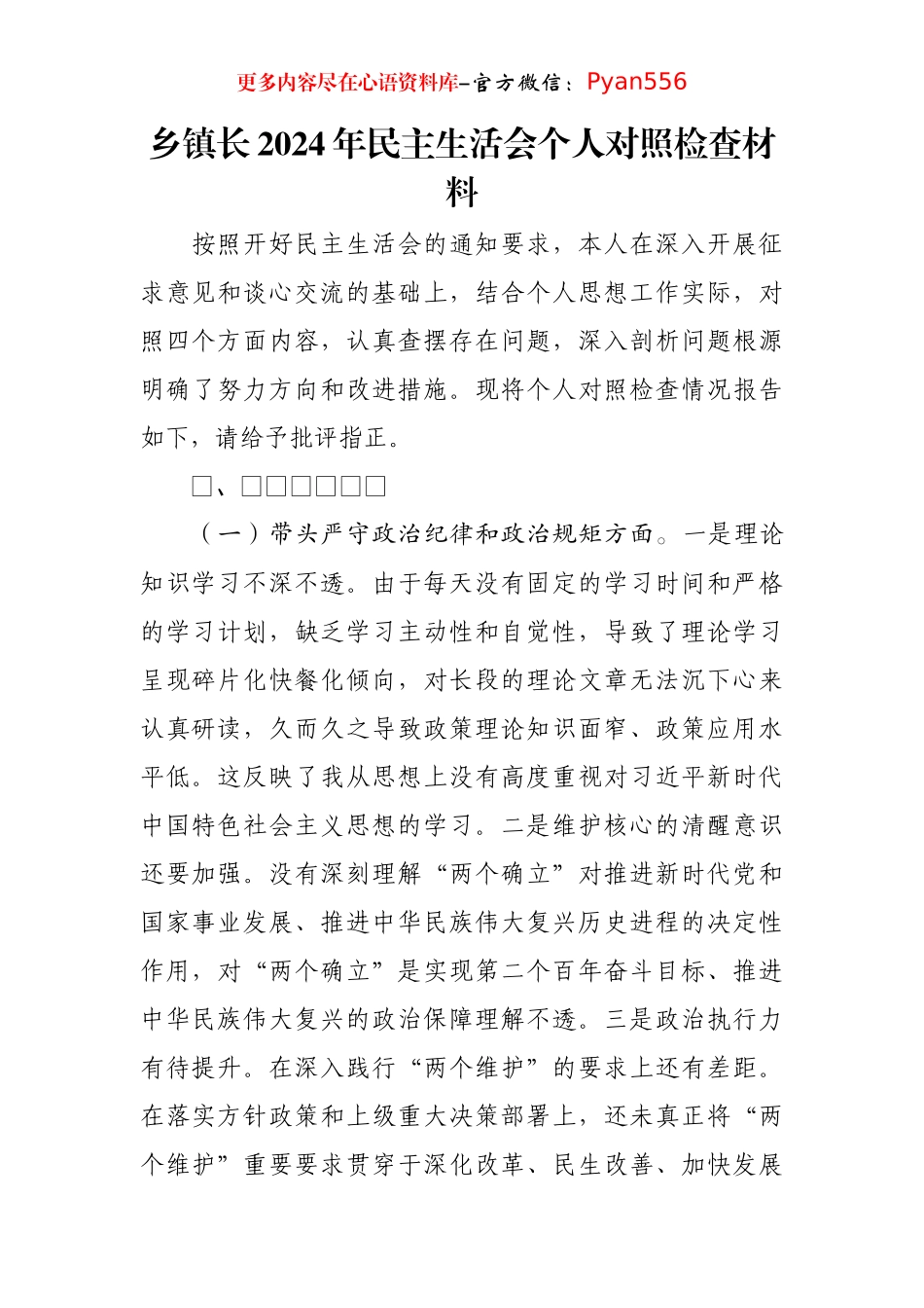 乡镇长2024年民主生活会个人对照检查材料.docx_第1页