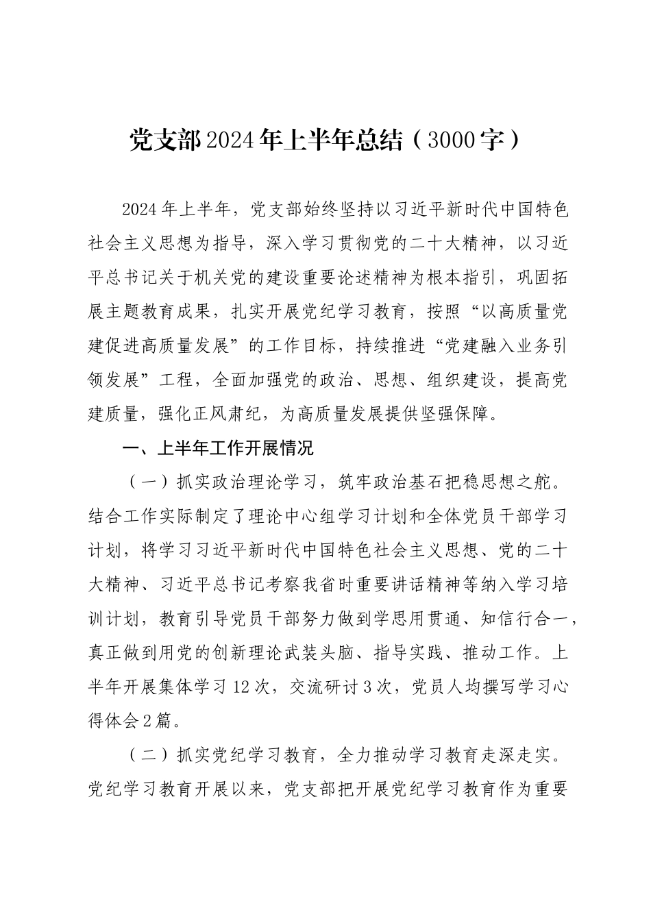 年度专项工作总结∣半年总结：党支部2024年上半年总结（3000字）.docx_第1页