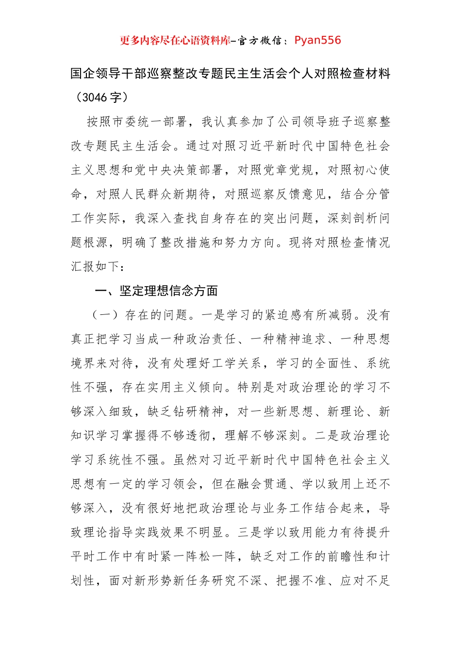 国企领导干部巡察整改专题民主生活会个人对照检查材料（3046字）.docx_第1页