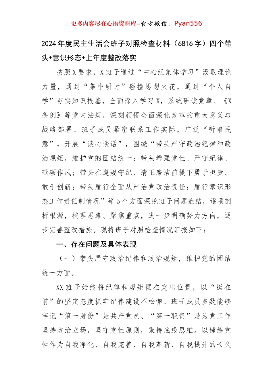 2024年度民主生活会班子对照检查材料（6816字）四个带头+意识形态+上年度整改落实.docx_第1页