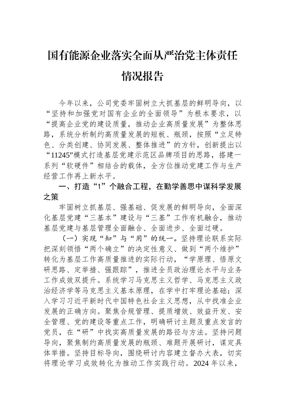 2024年国有能源企业落实全面从严治党主体责任情况报告.docx_第1页