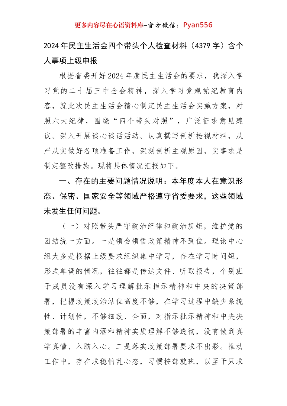 2024年民主生活会四个带头个人检查材料（4379字）含个人事项上级申报.docx_第1页