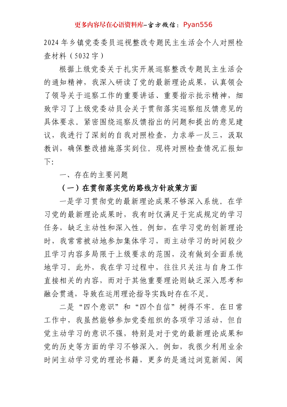 2024年乡镇党委委员巡视整改专题民主生活会个人对照检查材料（5032字）.docx_第1页