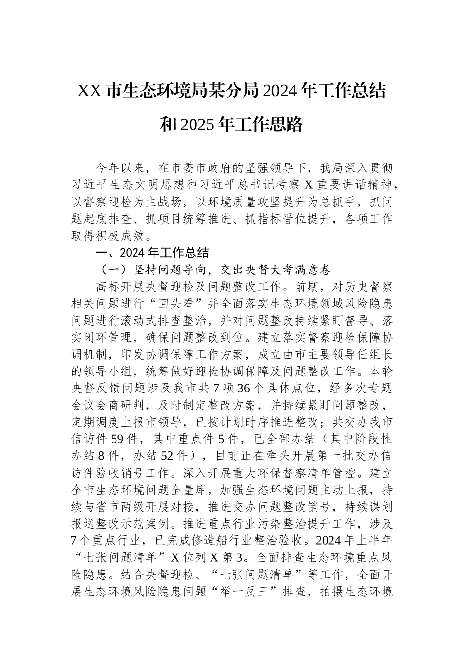 XX市生态环境局某分局2024年工作总结和2025年工作思路.docx_第1页