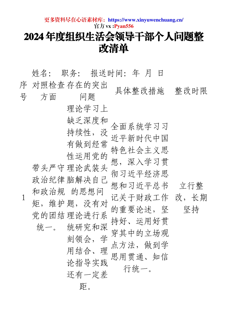2024年度组织生活会领导干部个人问题整改清单.docx_第1页