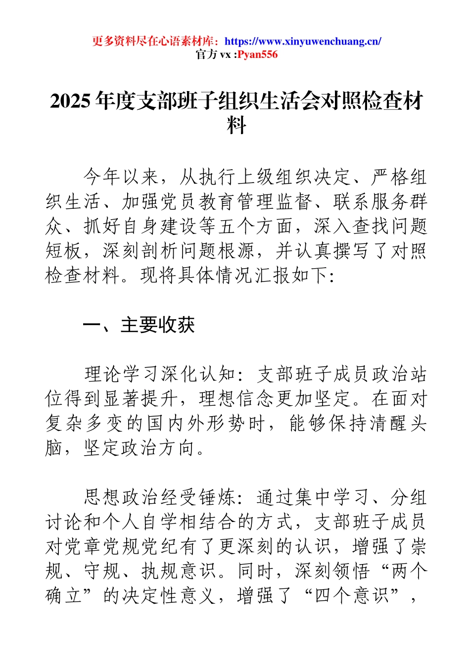 2025年度支部班子组织生活会对照检查材料.docx_第1页
