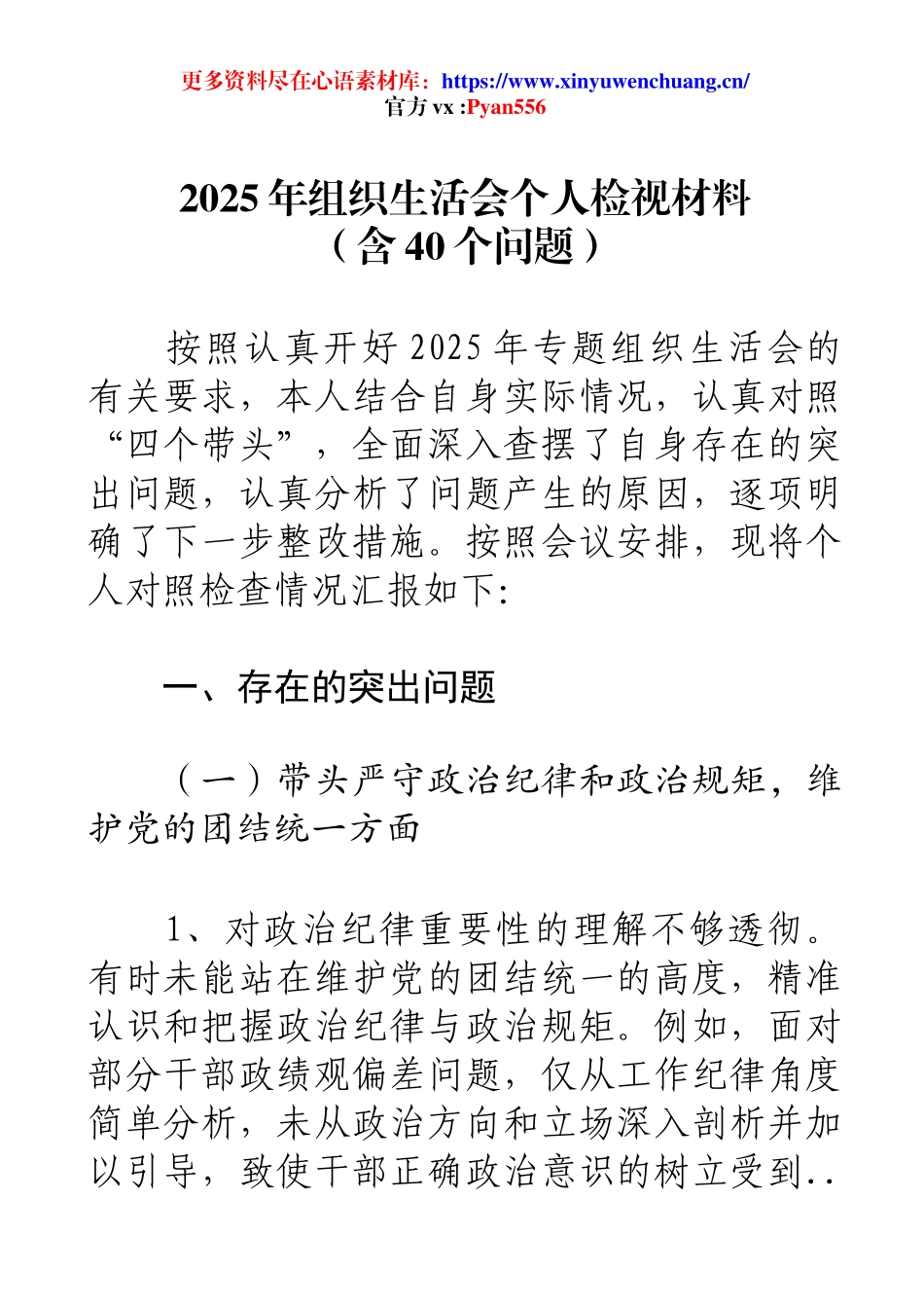 2025年组织生活会个人检视材料（含40个问题）.docx_第1页