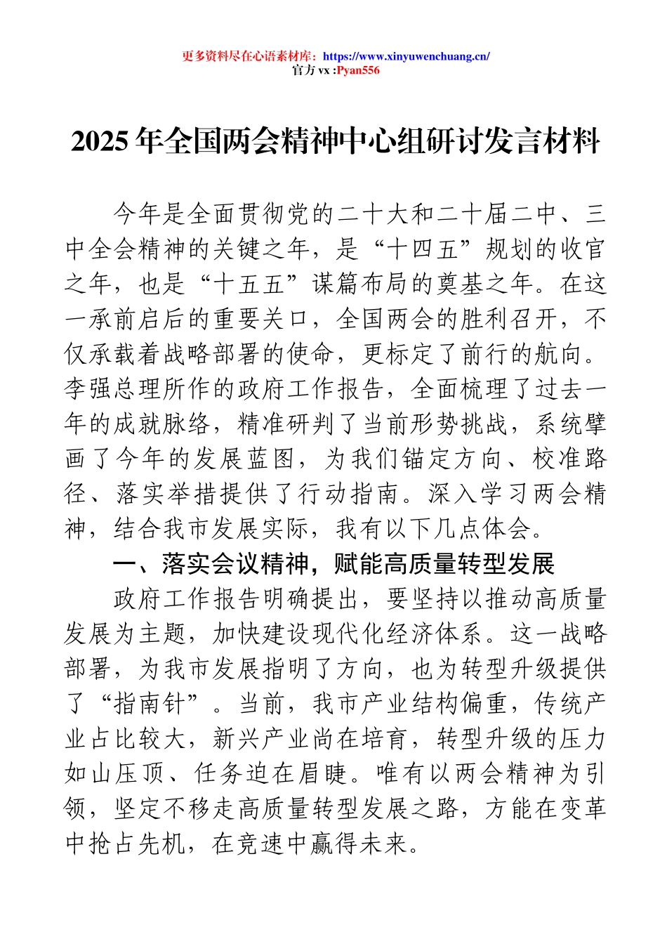2025年全国两会精神中心组研讨发言材料.docx_第1页