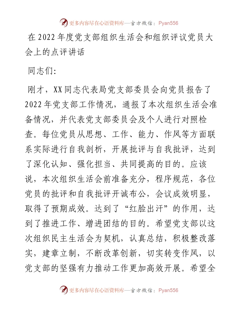 在度党支部组织生活会和组织评议党员大会上的点评讲话.docx_第1页