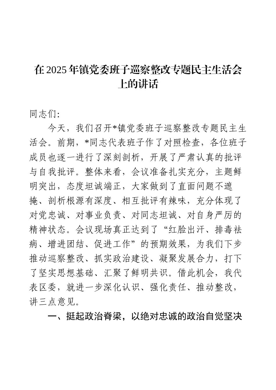 在2025年巡察整改专题民主生活会上的讲话.docx_第1页