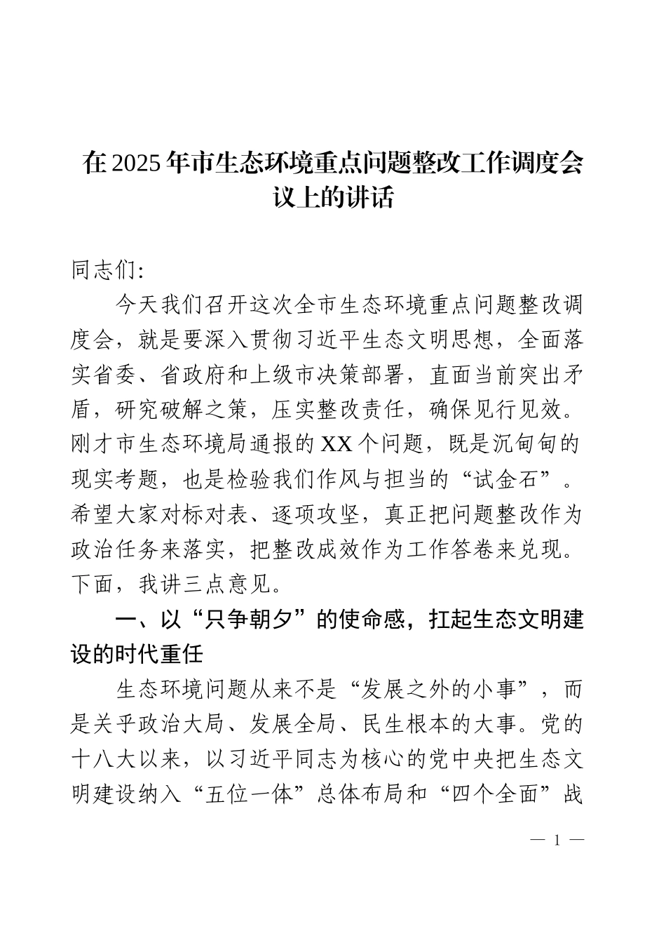 在2025年市生态环境重点问题整改工作调度会议上的讲话.docx_第1页