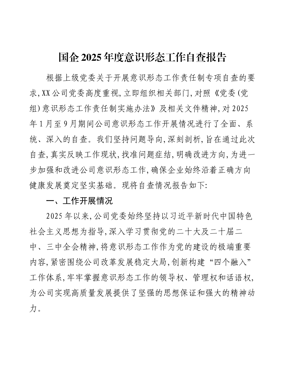 国企2025年度意识形态工作自查报告.docx_第1页
