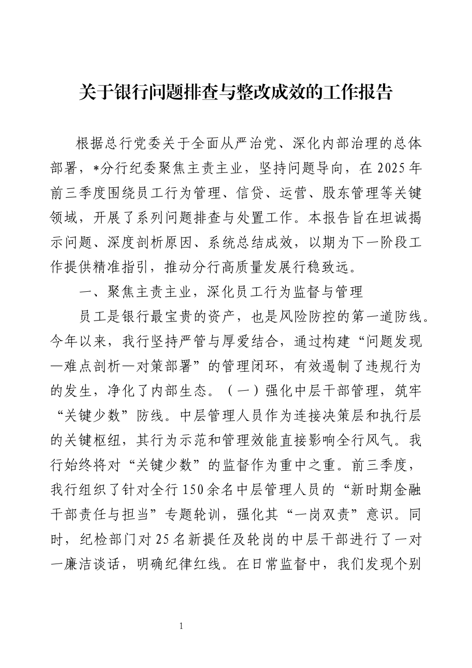 关于银行问题排查与整改成效的工作报告.docx_第1页